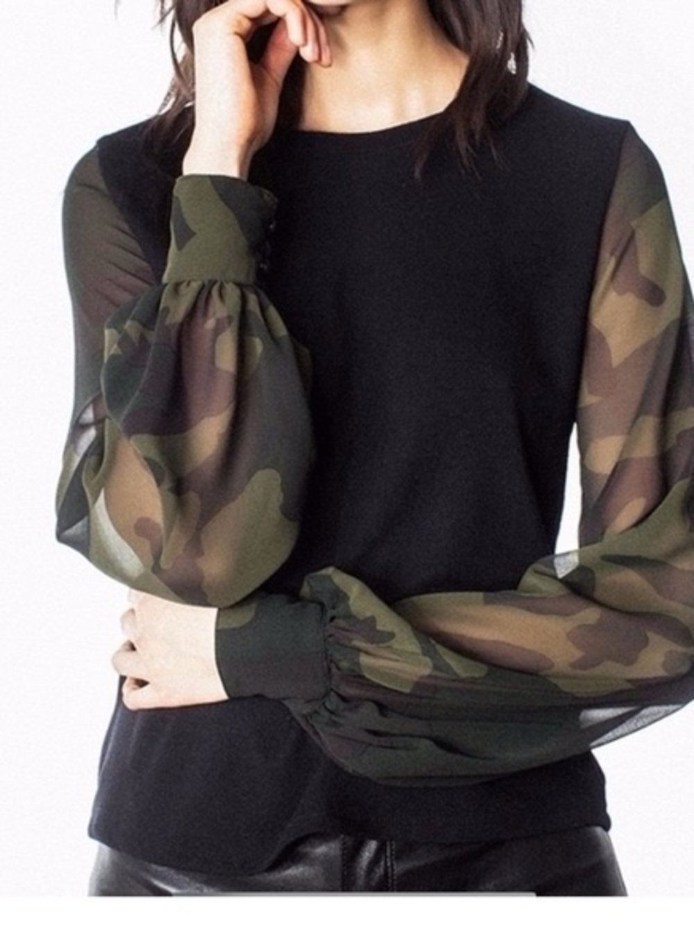 Generation Love Black Top with Camouflage Sheer Balloon Sleeves